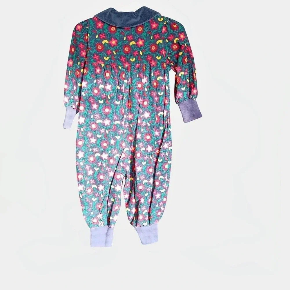 Vintage Gymboree Floral Cotton Playsuit With Blue Velvet Collar & Cuffs Size XS